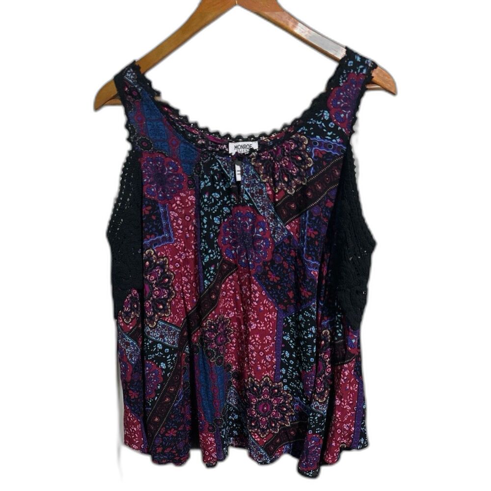 Monroe & Main Tunic Womens XL Boho Patchwork Top Flutter Sleeves Lace Trim